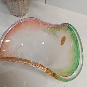 Vintage Murano Glassware Crystal Clear Glass - Multi-Color Bowl - Made In Italy